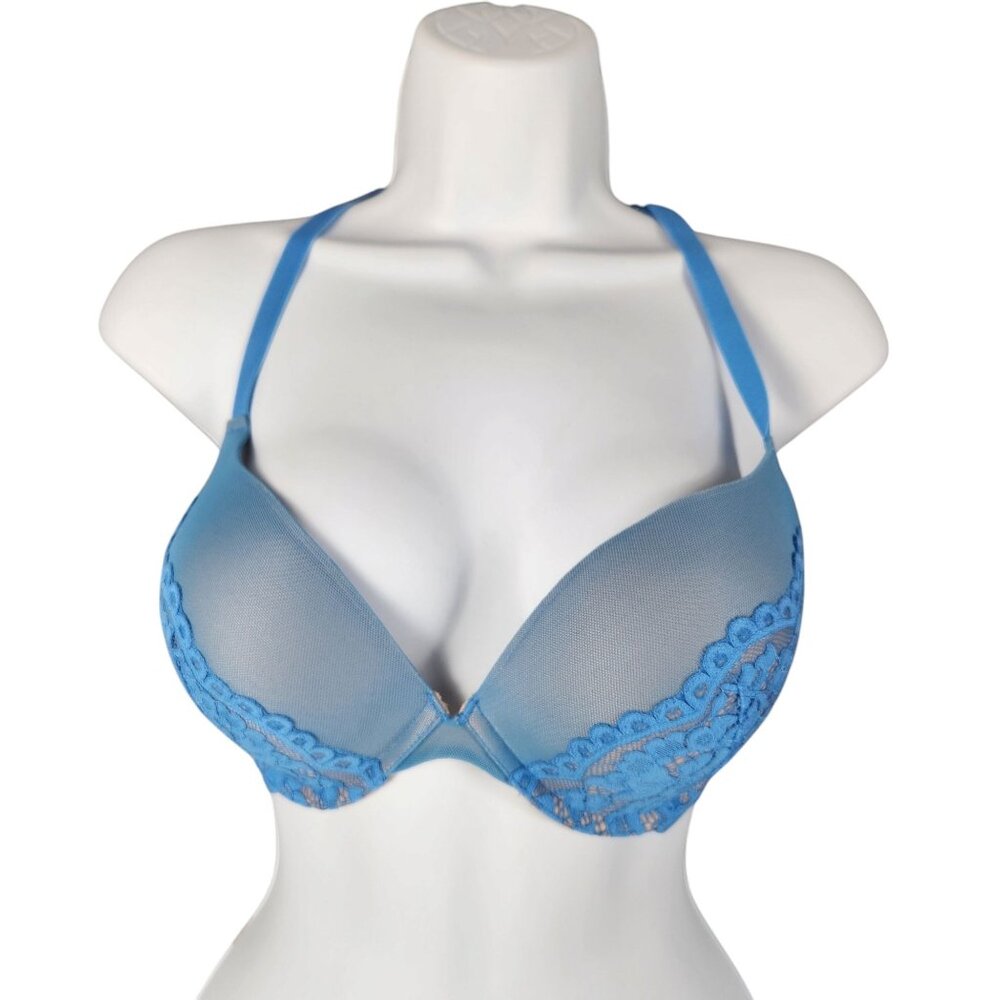 Fredericks Of Hollywood Heartthrob Lace Push-Up Bra 32DD Blue Mesh
